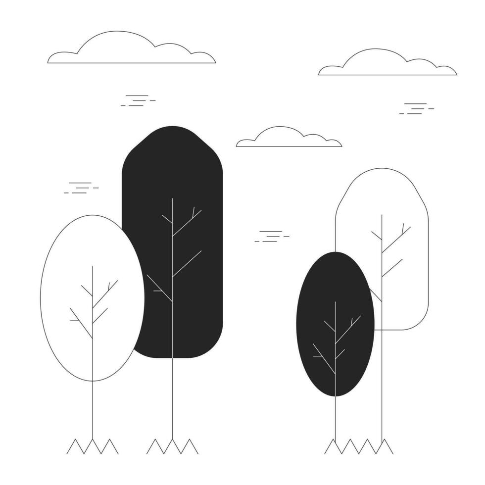 autunno parco alberi nero e bianca 2d linea cartone animato oggetto. natura autunno, nuvole sopra. settembre paesaggio isolato vettore schema elemento. campagna ambiente monocromatico piatto individuare illustrazione