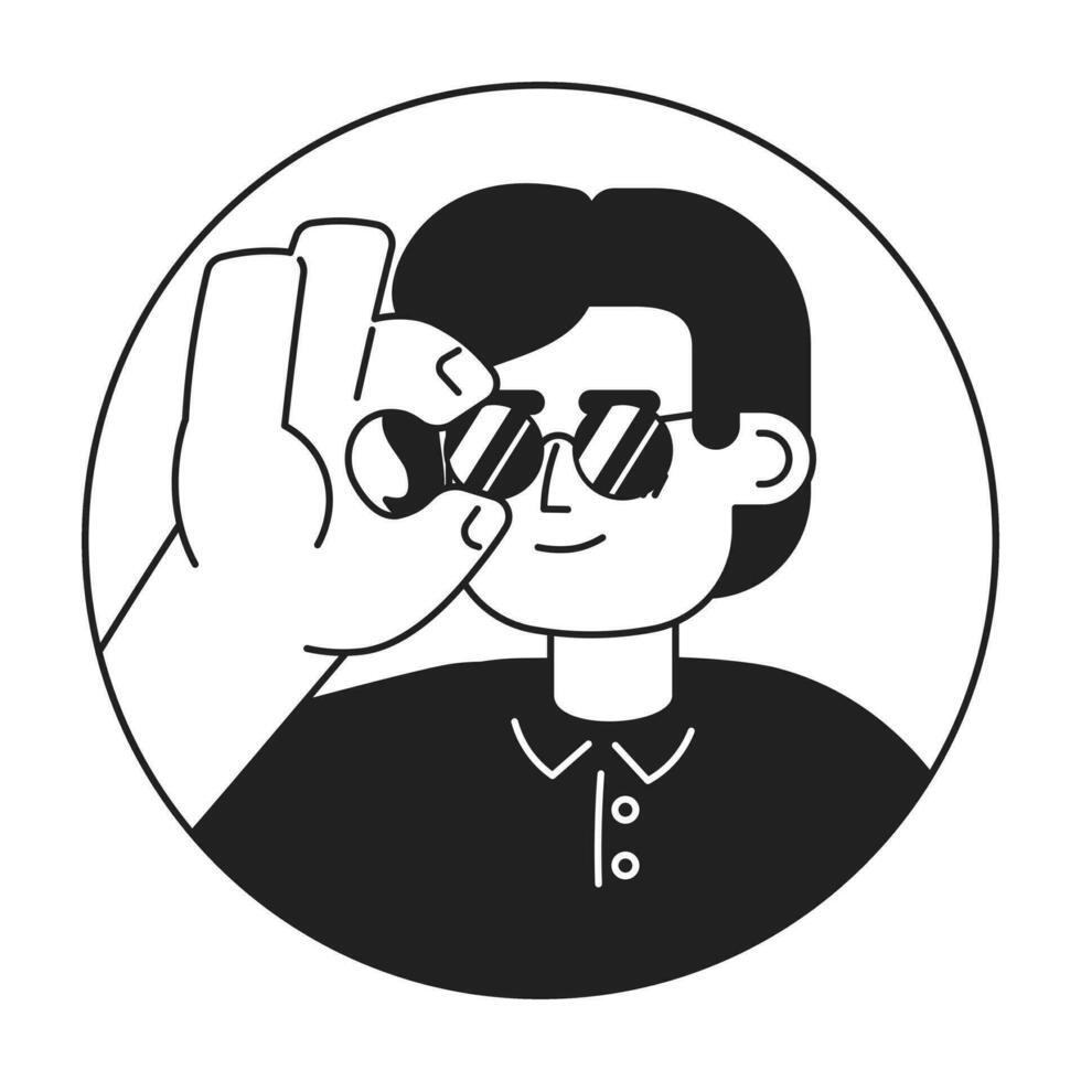 di classe ispanico uomo regolazione occhiali da sole nero e bianca 2d vettore avatar illustrazione. elegante maschio latino americano schema cartone animato personaggio viso isolato. moda dichiarazione piatto utente profilo Immagine