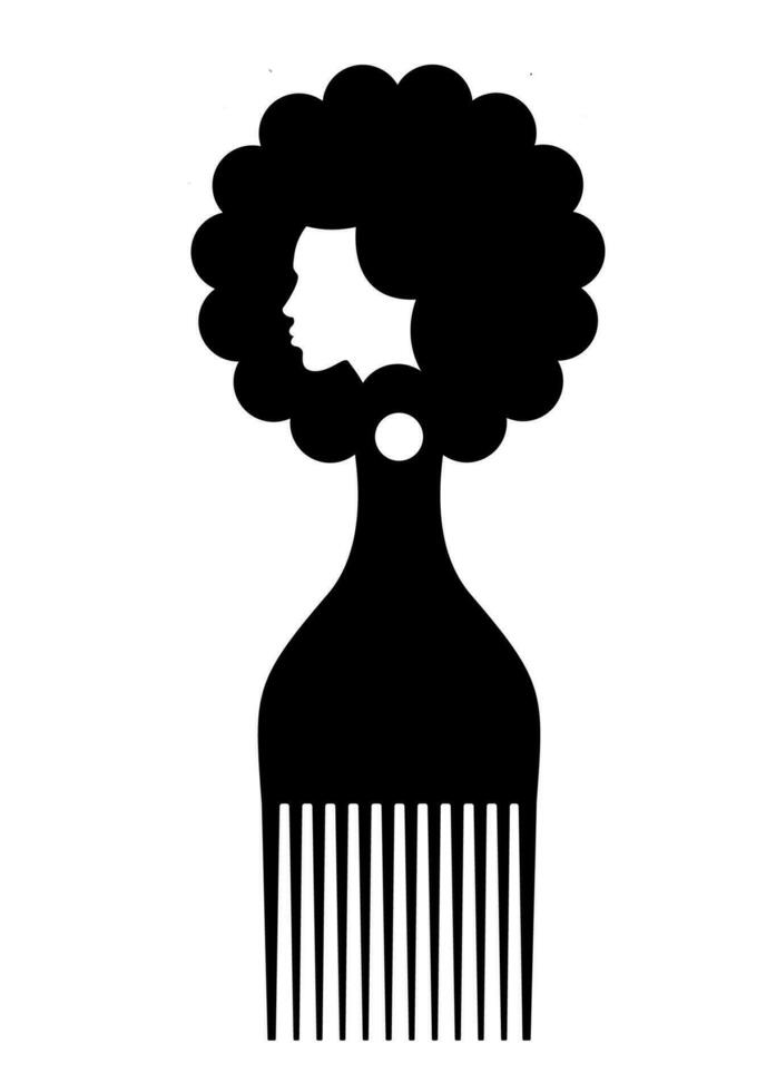 afro pettine simbolo, africano spazzola per capelli cartello per Riccio capelli, semplice piatto design di nero africano donna silhouette, vettore illustrazione isolato su bianca sfondo