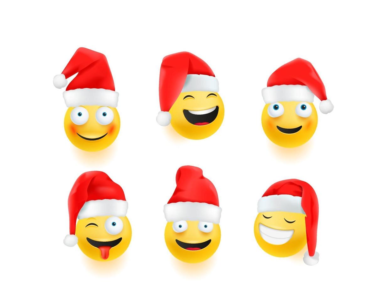 emoji di natale con cappelli di babbo natale isolati su bianco vettore