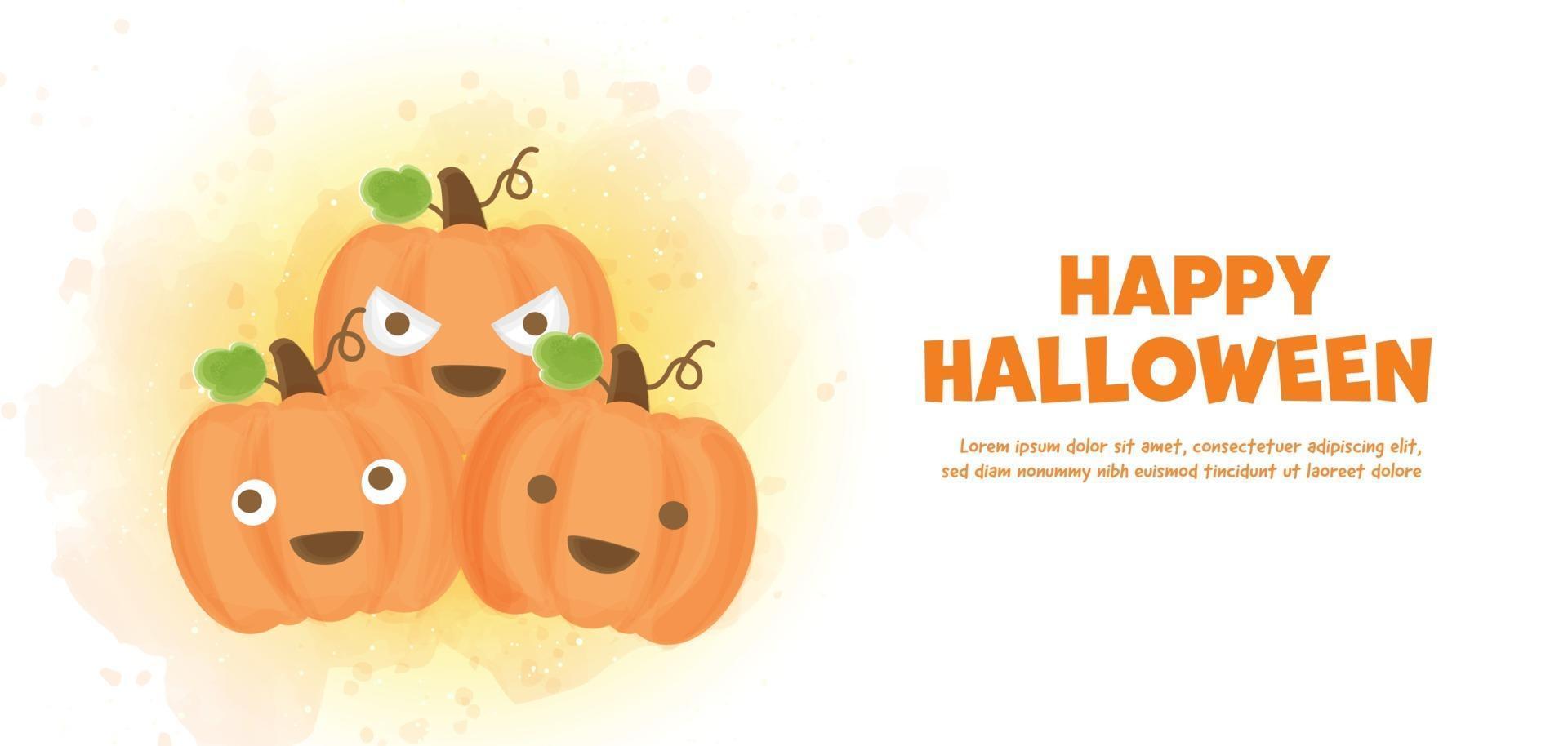 banner di halloween felice con zucche carine in stile acquerello. vettore