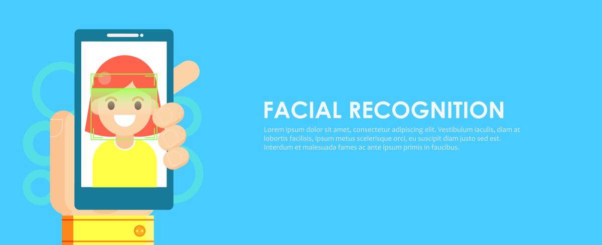 Riconoscimento dei volti e identificazione mobile. Giovane donna che sblocca il suo smartphone, o app. Illustrazione piatta vettoriale