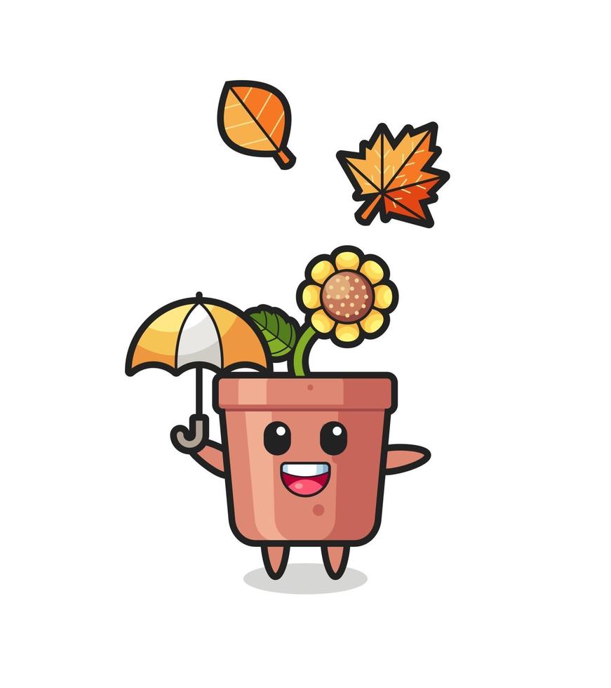 cartone animato del simpatico vaso di girasole che tiene un ombrello in autunno vettore