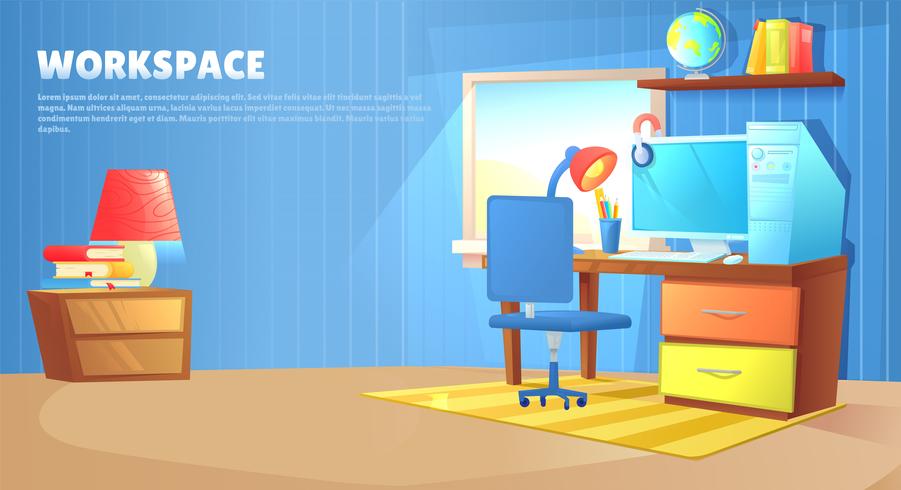 Interior design della stanza del ragazzo dell&#39;adolescente. Posto di lavoro con scrivania e computer pc, scaffali e giocattoli e libro. Illustrazione di cartone animato vettoriale