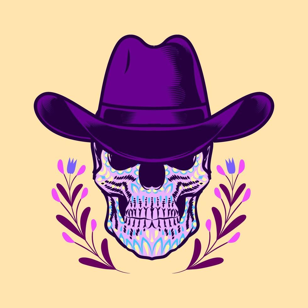 cranio decorativo testa di cowboy giorno dei morti messico illustrazione vettore