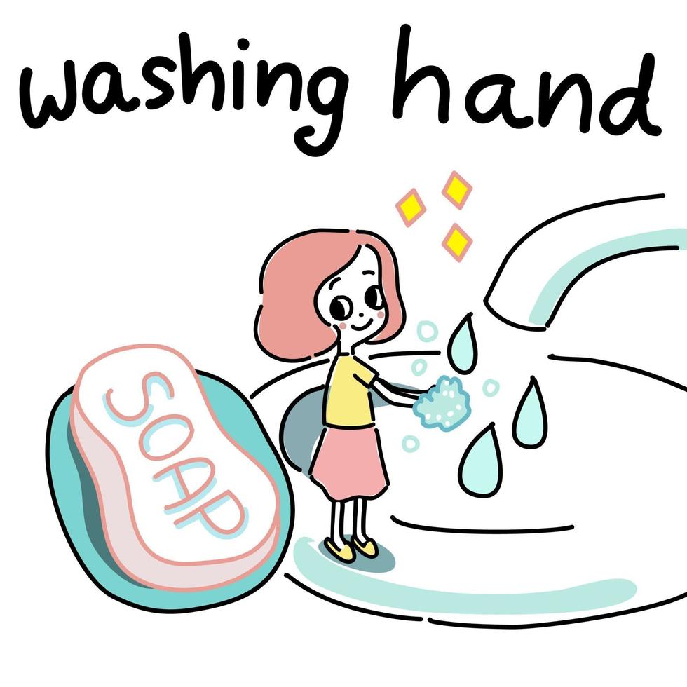 lavarsi le mani con il sapone in miniatura ragazza cartone animato vettore