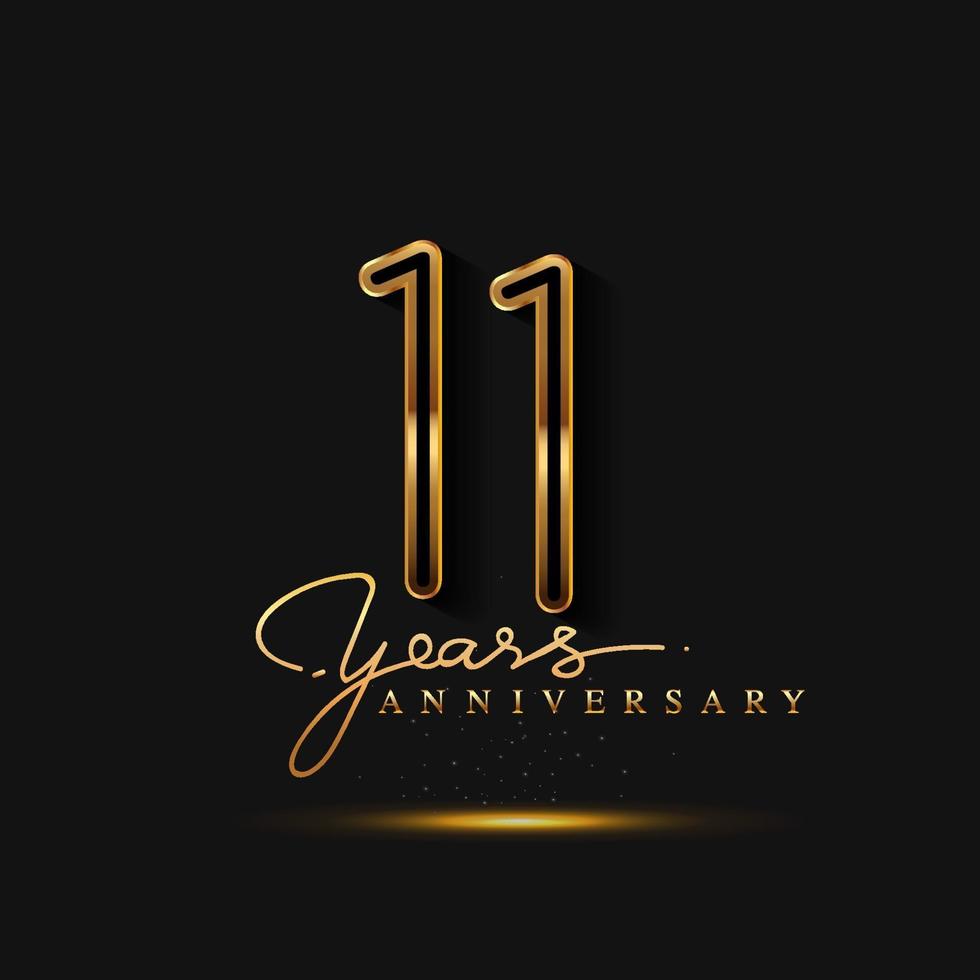 Logo dell'anniversario di 11 anni di colore dorato isolato su sfondo nero vettore
