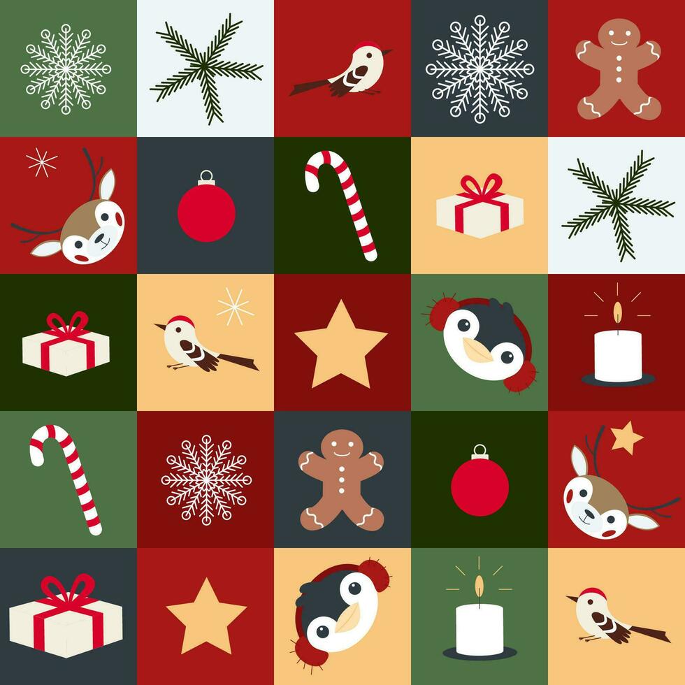 Natale e nuovo anno vacanza trapunta vettore senza soluzione di continuità sfondo, patchwork modello con astratto geometrico, semplice forme, pinguino, cervo, celebrazione simbolo, vacanza cibo.
