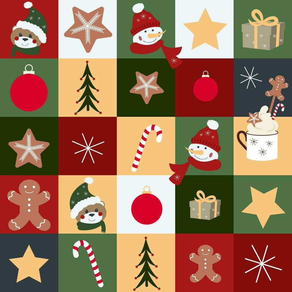 Natale e nuovo anno vacanza trapunta vettore senza soluzione di continuità sfondo, patchwork modello con astratto geometrico, semplice forme, Santa claus, celebrazione simbolo, vacanza cibo.