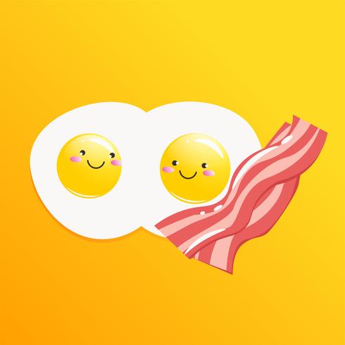 Buongiorno banner. Classica gustosa colazione a base di uova e pancetta. Illustrazione di cartone animato vettoriale