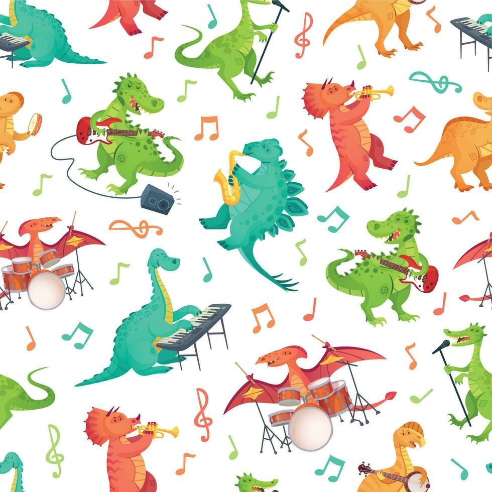 senza soluzione di continuità cartone animato musica dinosauri modello. dino gruppo musicale, carino dinosauro giocando musica strumenti e stella del rock tirannosauro vettore illustrazione
