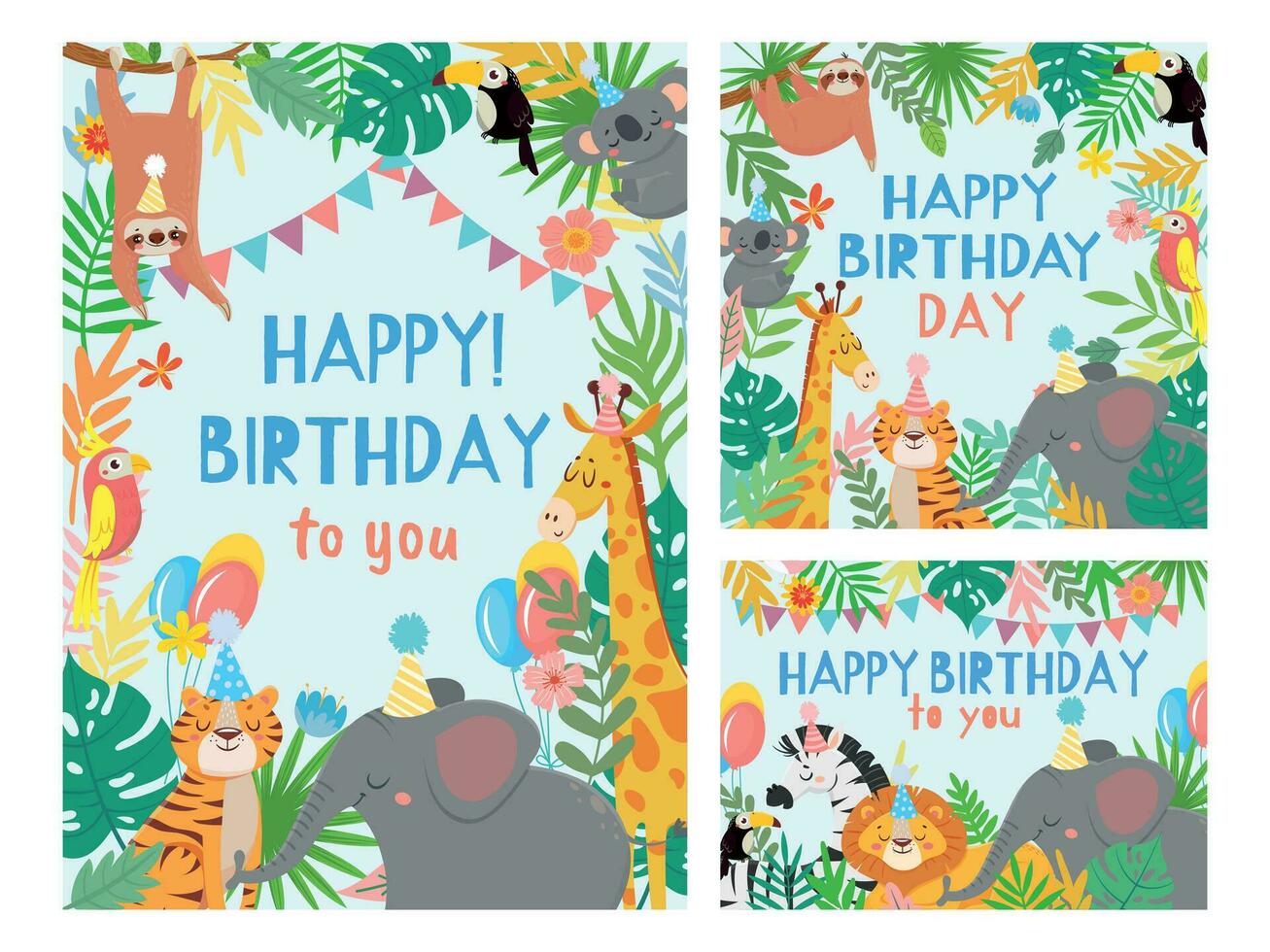 cartone animato contento compleanno animali carta. Congratulazioni carte con carino safari o giungla animali festa nel tropicale foresta vettore illustrazione impostato