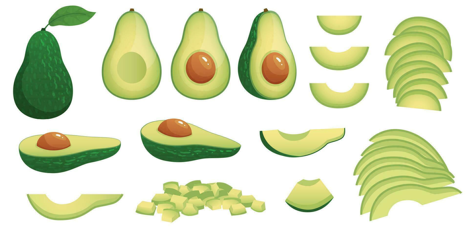 cartone animato avocado. maturo avocado frutta, salutare nutriente naturale cibo e avocado fette vettore illustrazione impostato