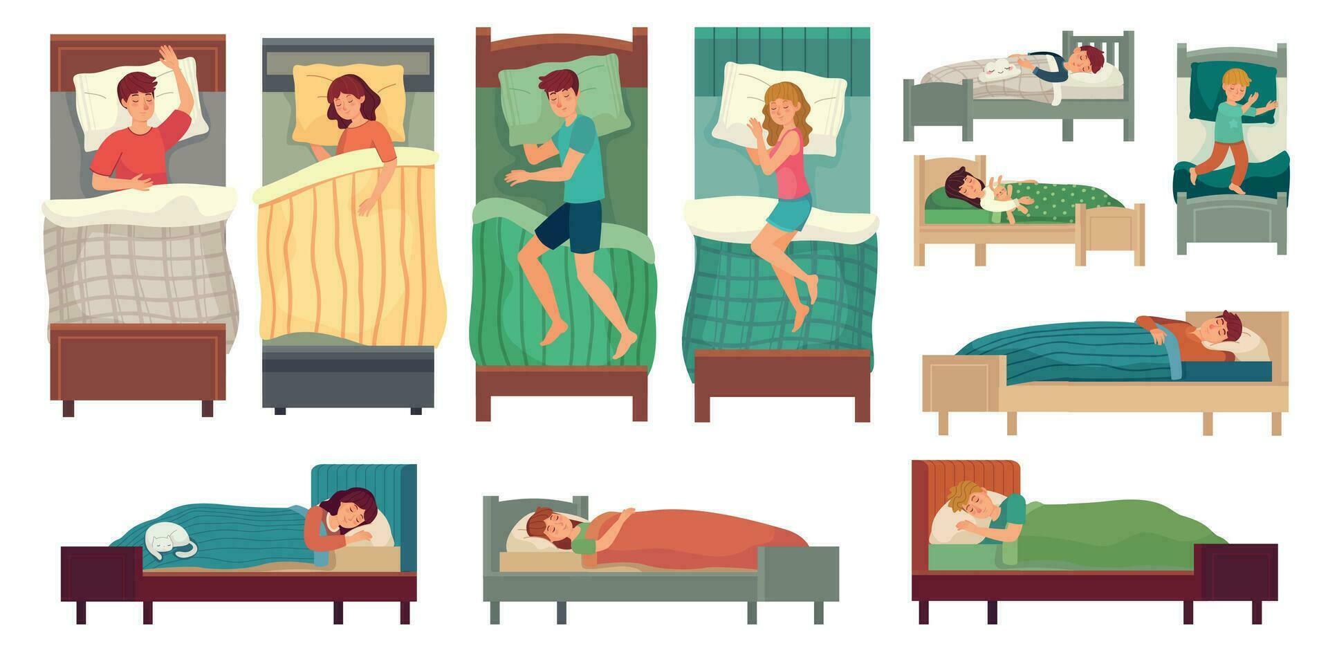 persone addormentato nel letti. adulto uomo nel letto, addormentato donna e giovane bambini dormire vettore illustrazione impostato