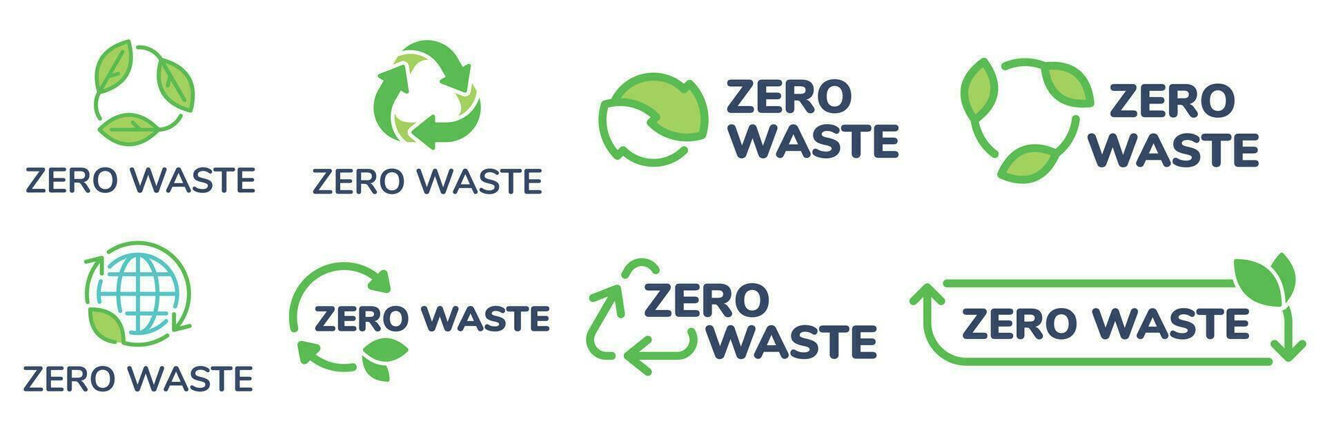 zero rifiuto etichette. verde eco amichevole etichetta, ridurre rifiuti e riciclare icona con pianta le foglie vettore impostato