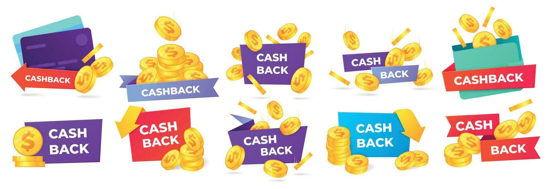 cashback distintivi. i soldi ritorno etichetta, negozio vendita offerte e denaro contante indietro striscione. d'oro monete nel portafoglio vettore illustrazione impostato