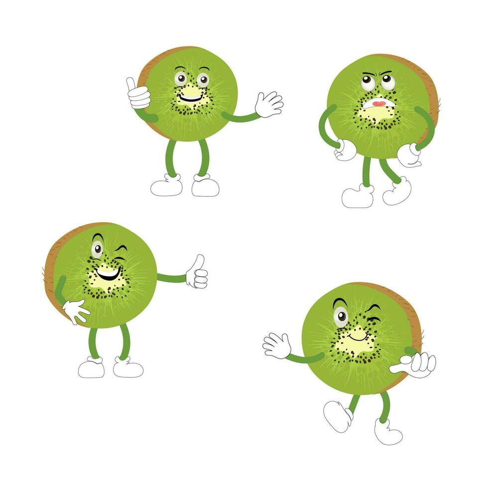 Kiwi frutta cartone animato personaggio con verdastro Marrone sfocato pelle e puntamento mano gesto, per agricoltura o fresco cibo design. Kiwi frutta vettore personaggi, cartone animato carino Kiwi frutta cartone animato emoticon.