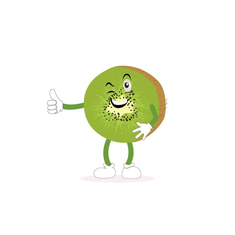 Kiwi frutta cartone animato personaggio con verdastro Marrone sfocato pelle e puntamento mano gesto, per agricoltura o fresco cibo design. Kiwi frutta vettore personaggi, cartone animato carino Kiwi frutta cartone animato emoticon.