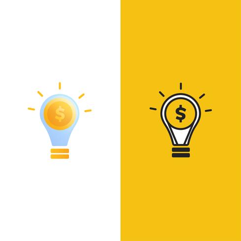 Logo di denaro intelligente. Lampadina luminosa con logotipo di moneta dollaro d&#39;oro. Crowdfunding per idee nuove. Illustrazione di cartone animato vettoriale