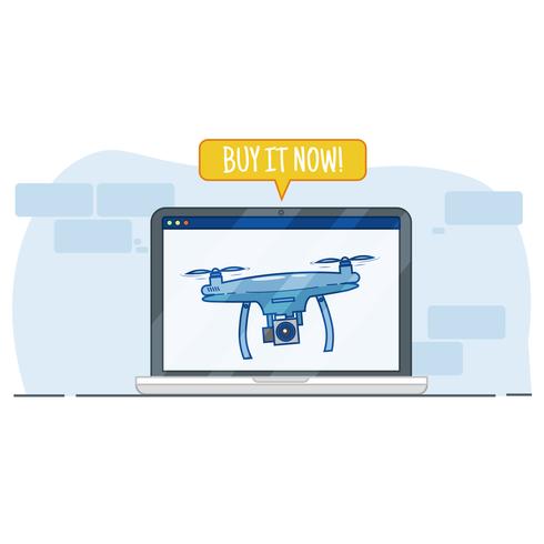 Acquista drone nel negozio online. Pubblicità nella finestra del browser. Illustrazione piatta vettoriale