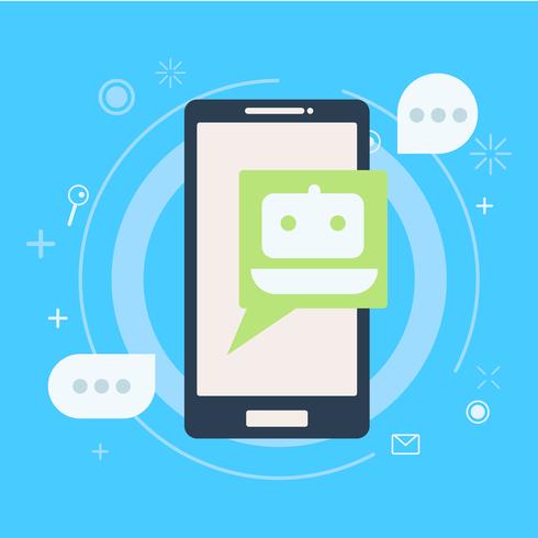 Chat bot sul telefono in mano. Banner. Illustrazione piatta vettoriale