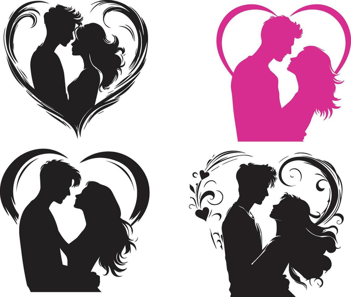 collezione silhouette di un' amorevole coppia nel un' a forma di cuore telaio o un' cuore sagomato Immagine nel un' San Valentino giorno vettore su un' trasparente sfondo