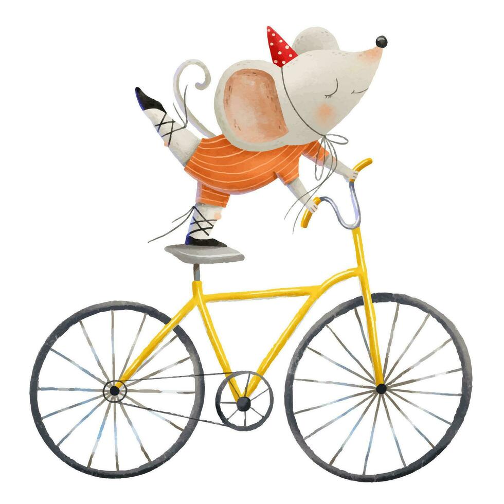un' poco topo nel un' clown cappello e luminosa tuta da lavoro cavalcate un' giallo bicicletta su uno gamba. carino fantastico circo illustrazione. figli di circo mostrare prestazione vettore