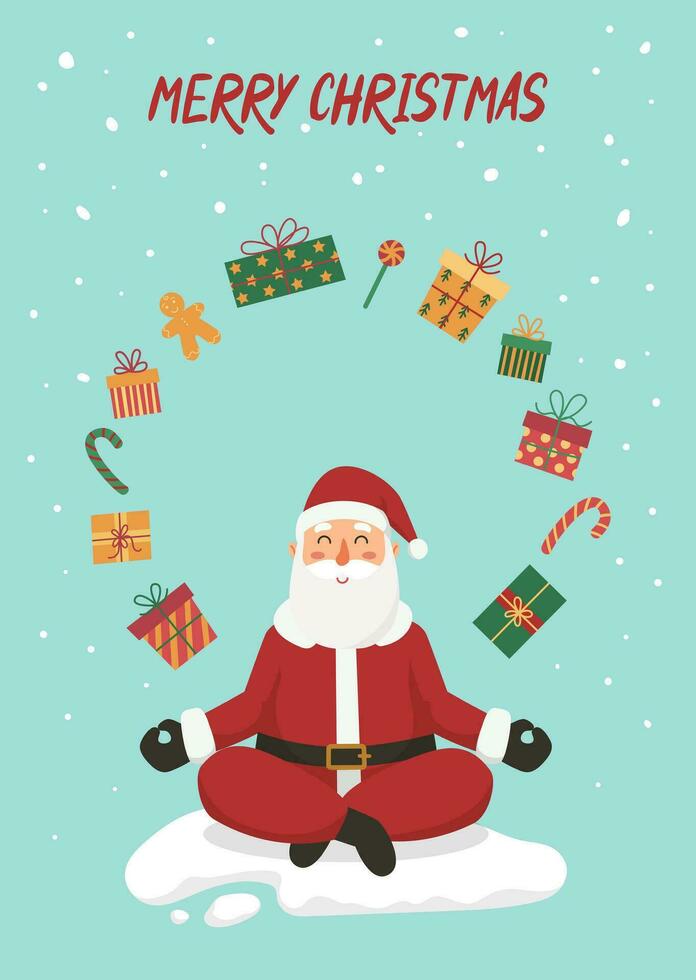 Natale carta o manifesto con Santa Claus seduta nel un' yoga posa, rilassante, volante regalo scatole, neve e testo allegro Natale su blu sfondo. piatto cartone animato vettore illustrazione.