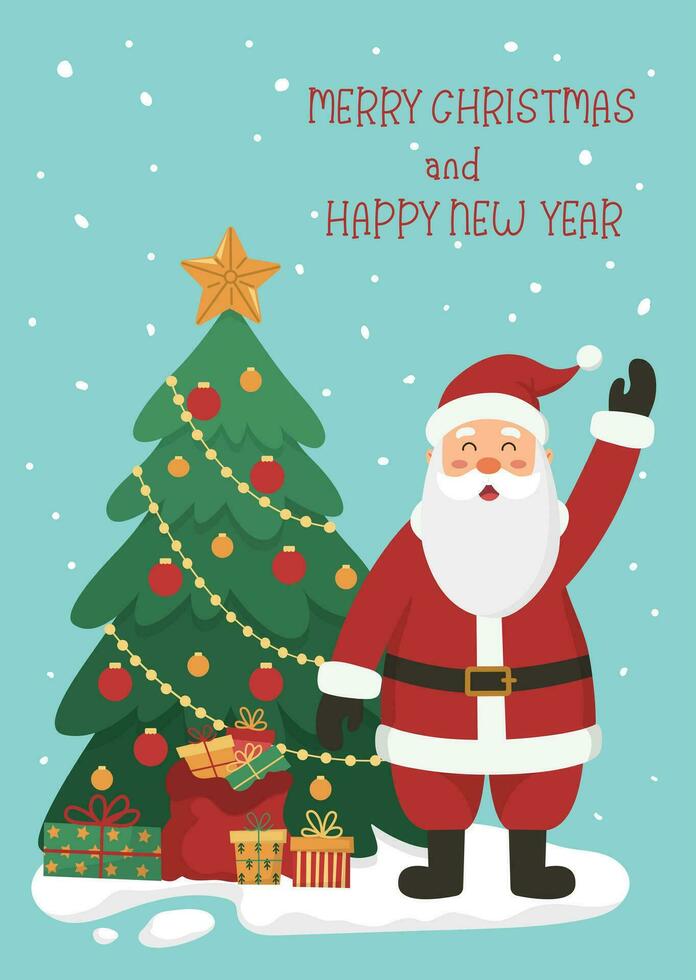 Natale carta o manifesto Santa Claus agitando mano, bagful di i regali, Natale albero, neve e testo allegro Natale e contento nuovo anno su blu sfondo. piatto cartone animato vettore illustrazione.