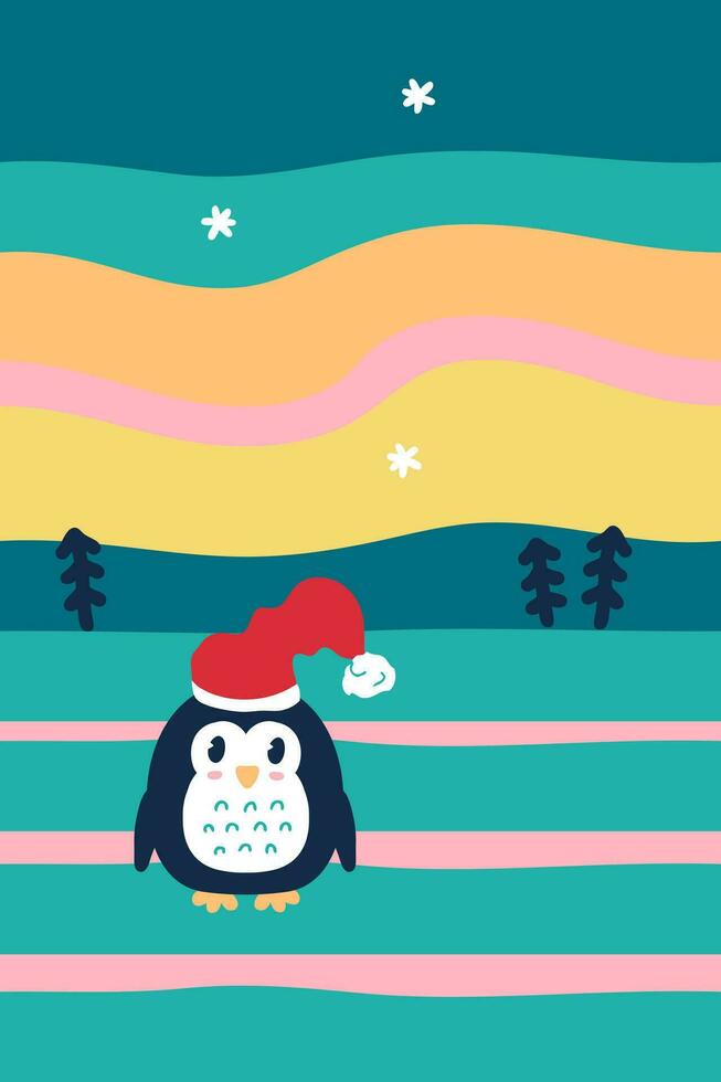 nuovo anno pinguino nel un' berretto con Natale alberi sotto il cielo con il polare luci. Perfetto vettore Stampa per manifesto, carta, striscione. verticale illustrazione.
