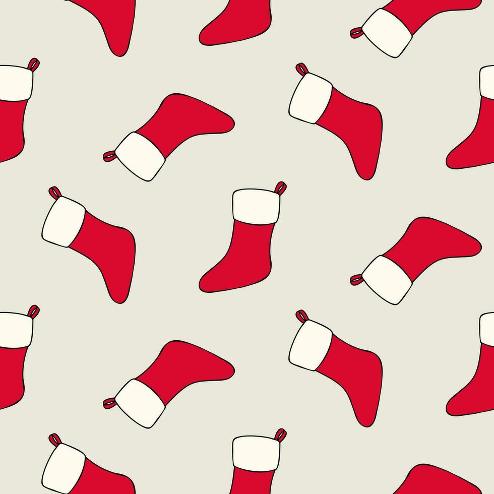 senza soluzione di continuità modello con scarabocchio Natale rosso calze autoreggenti su isolato sfondo. vacanza design per Natale casa arredamento, vacanza saluti, Natale e nuovo anno celebrazione. vettore