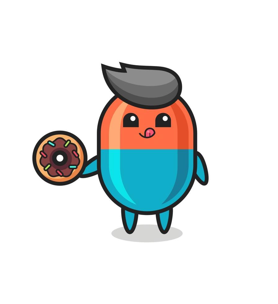 illustrazione di un personaggio capsula che mangia una ciambella vettore