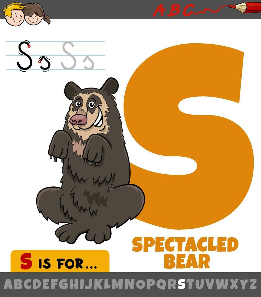 lettera S foglio di lavoro con cartone animato dagli occhiali orso animale vettore