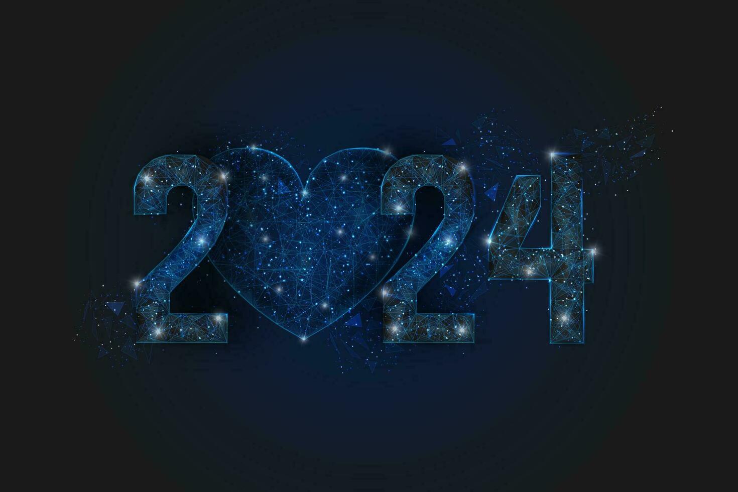 astratto isolato blu Immagine di nuovo anno numero 2024. poligonale Basso poli wireframe illustrazione sembra piace stelle nel il nero notte cielo nel spase o volante bicchiere frammenti. digitale ragnatela, Internet design. vettore