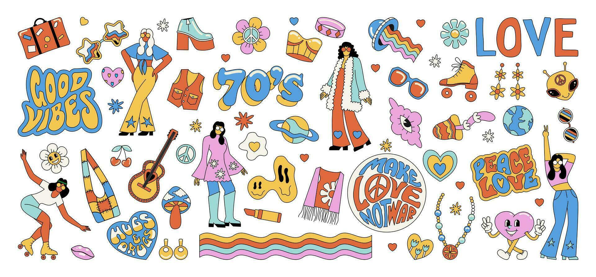 un' grande impostato di Groovy elementi nel il hippie stile. isolato illustrazioni di il 60s e anni '70. divertente, carino adesivi vettore