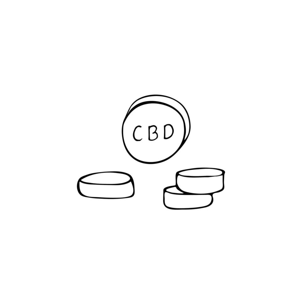 cannabidiolo pillole. compresse. CBD per assistenza sanitaria. disegnato a mano vettore illustrazione isolato su un' bianca sfondo. canapa medico Prodotto.