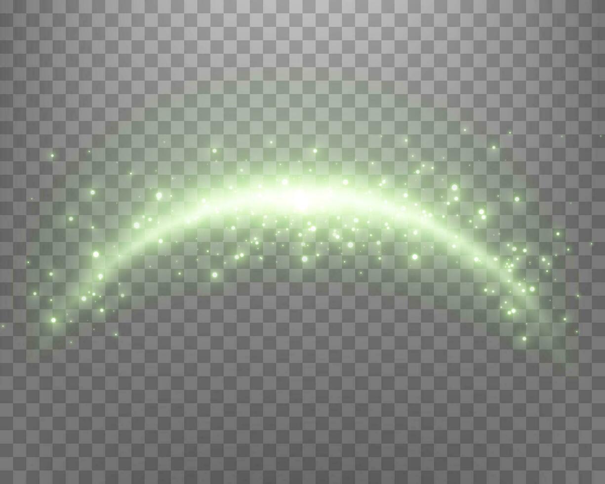 verde Magia arco con raggiante particelle, luce del sole lente bagliore. neon realistico energia bagliore arco. vettore illustrazione.