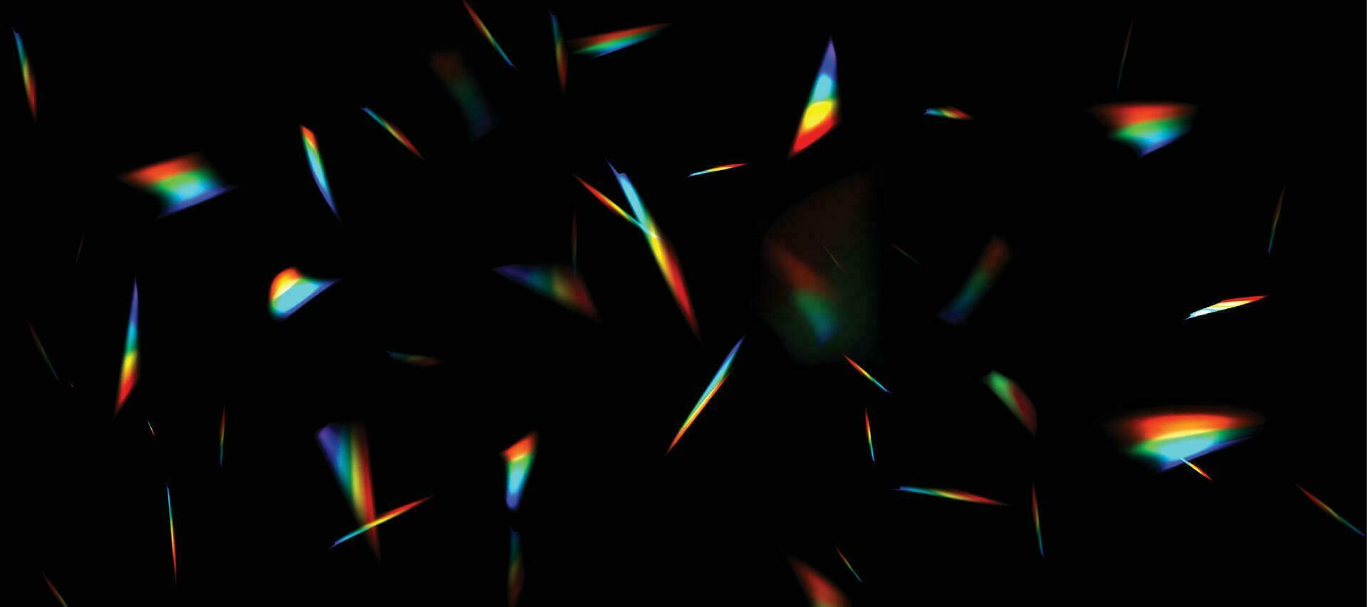 sfocato arcobaleno rifrazione copertura effetto. leggero lente prisma effetto su nero sfondo. olografico riflessione, cristallo bagliore perdita ombra sovrapposizione. vettore astratto illustrazione.