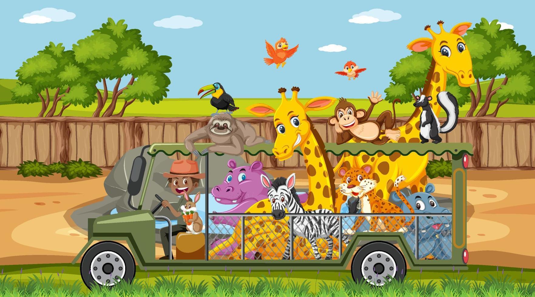 scena di safari durante il giorno con animali selvatici sull'auto turistica vettore