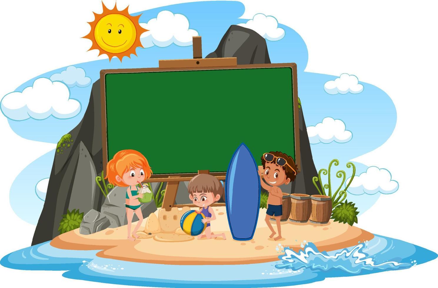 modello di banner vuoto con bambini in vacanza estiva in spiaggia vettore