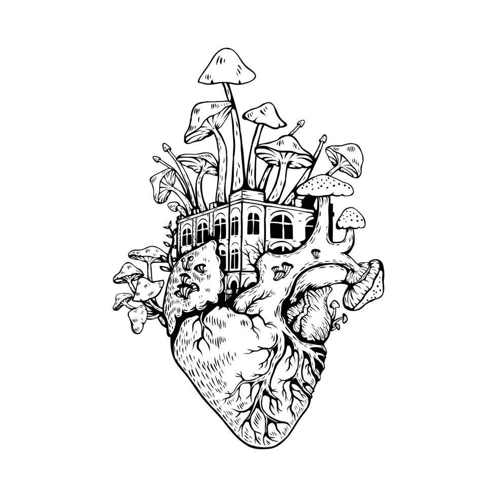 illustrazione cuore anatomico con funghi vettore