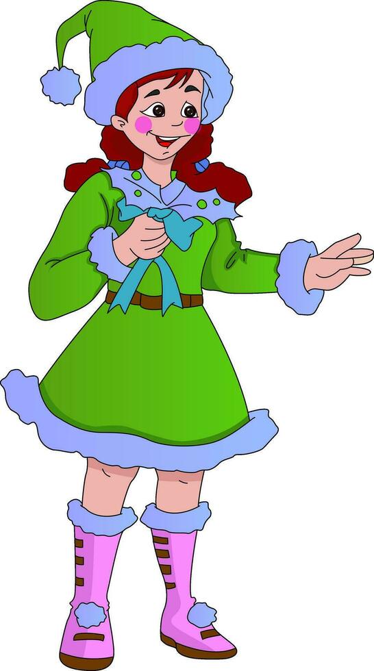 giovane signora nel un' verde Natale elfo costume, illustrazione vettore