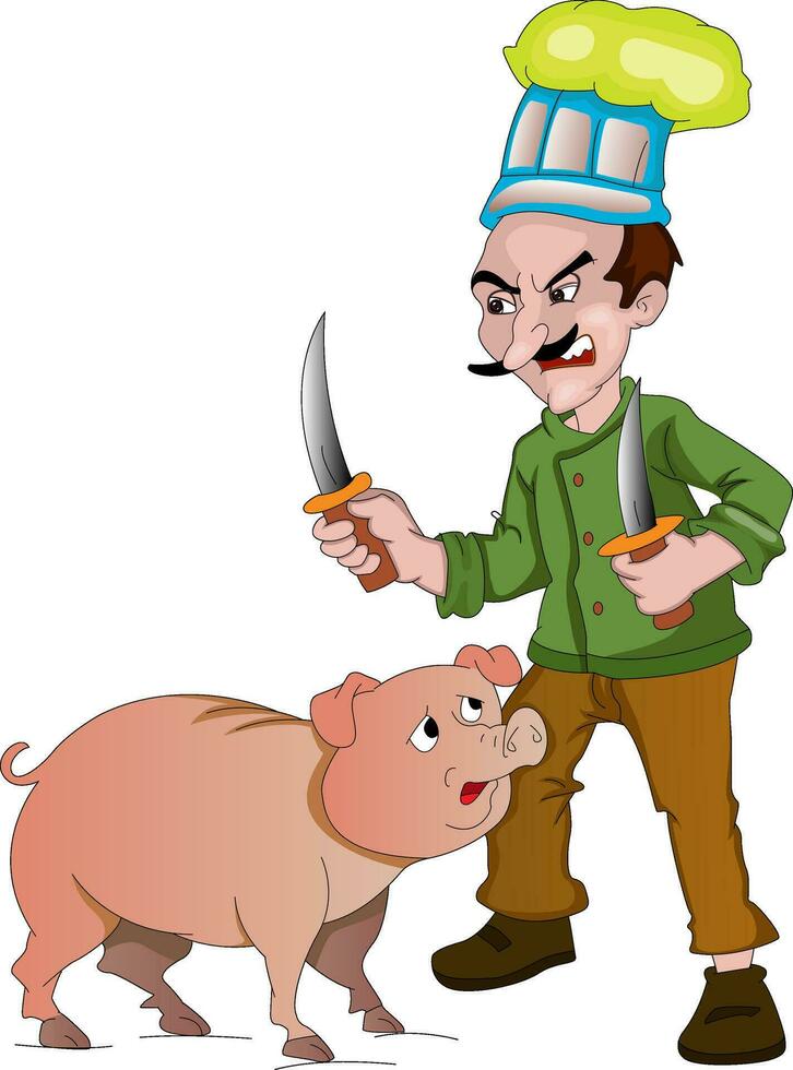capocuoco con coltelli per tagliare su un' maiale, illustrazione vettore