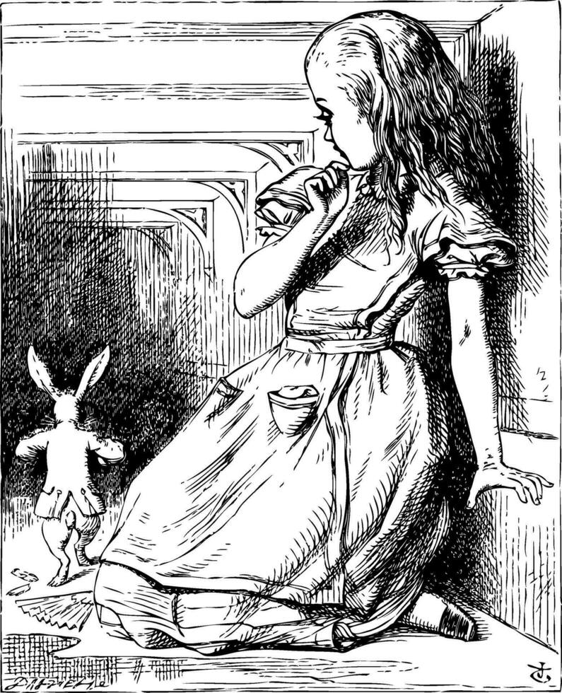 Alice cresciuto grande guardare a il bianca coniglio ritornando, splendidamente vestito vettore