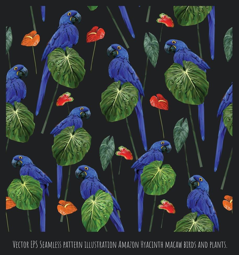 illustrazione senza cuciture del modello amazzone ara giacinto uccelli e piante vettore