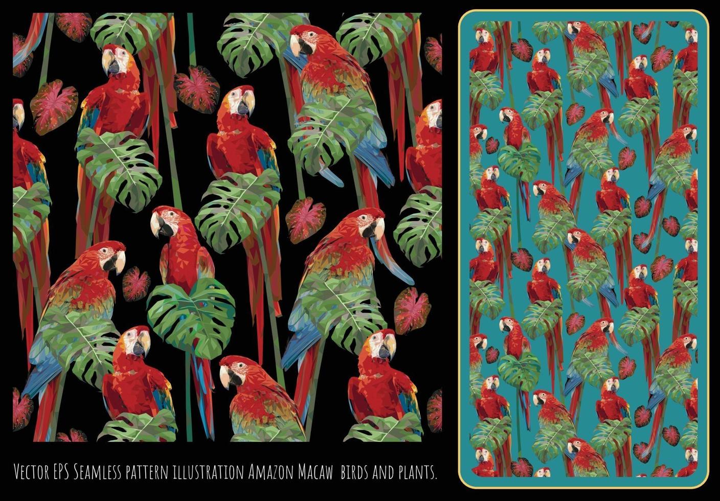 illustrazione senza cuciture del modello amazon macaw uccelli e piante vettore