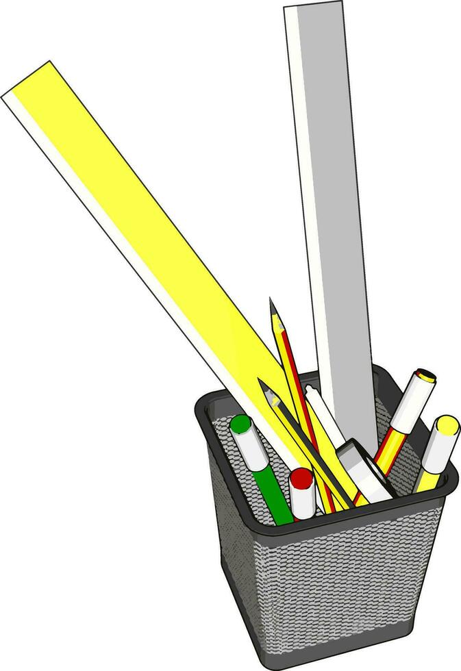 filo penna tazza con governanti e parecchi penne e matite vettore illustrazione su bianca sfondo
