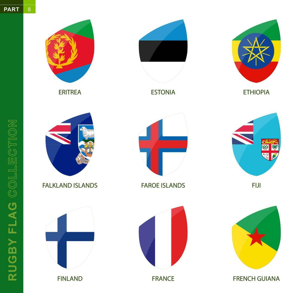 Rugby bandiera collezione. Rugby icona con bandiera di 9 Paesi. vettore