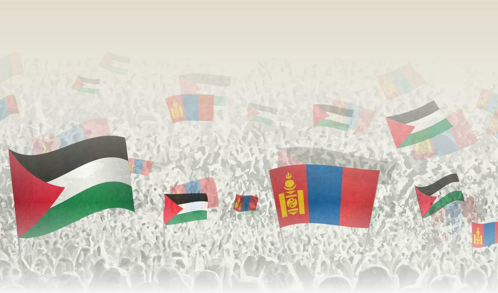 Palestina e Mongolia bandiere nel un' folla di applauso le persone. vettore