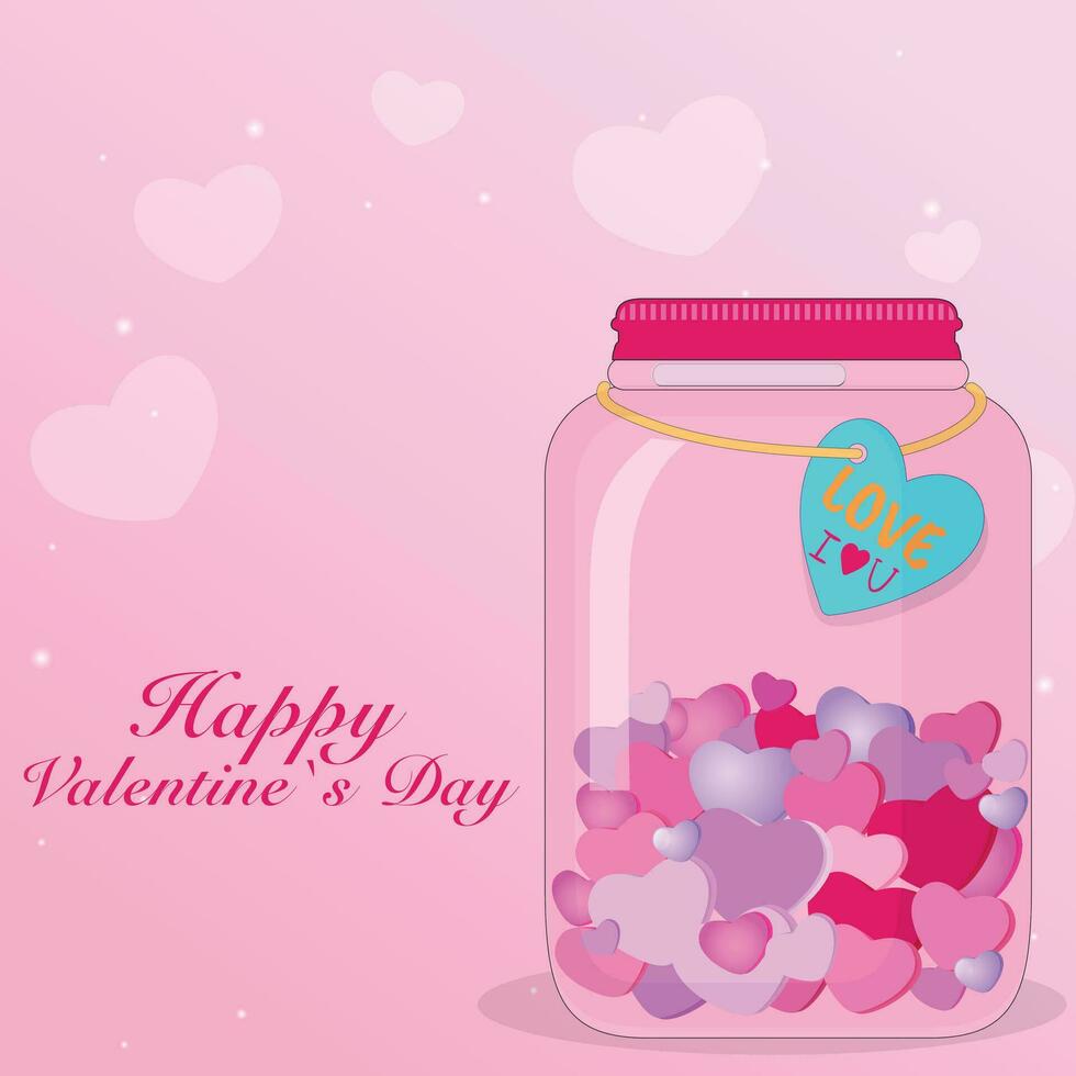 vaso di cuori San Valentino giorno saluto carta. contento San Valentino giorno carta. carino carta con bicchiere vaso con cuori. romantico cartolina con amore. vettore illustrazione.